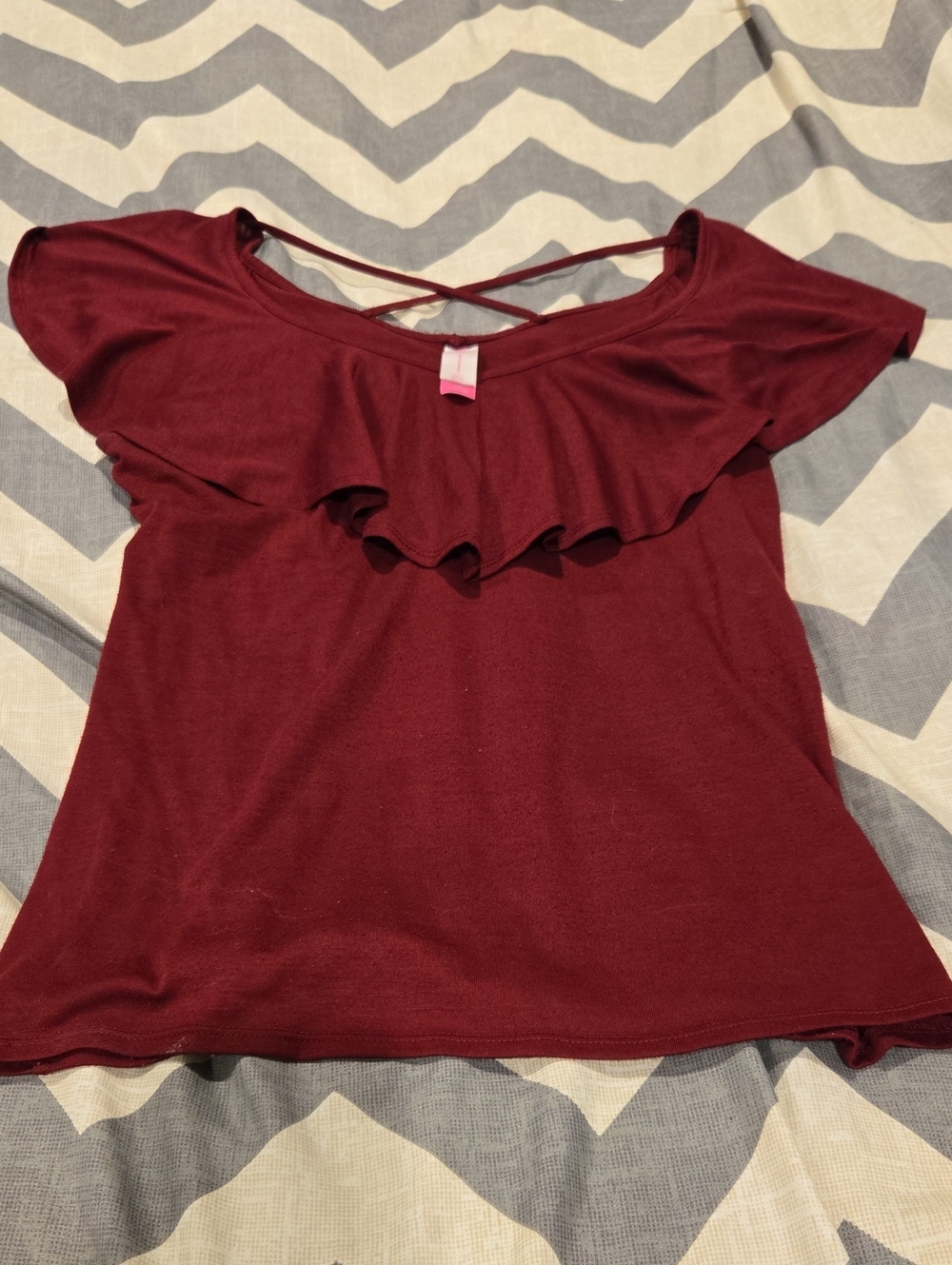 No Boundaries Burgundy Ruffle Off-Shoulder Top with Crisscross Back